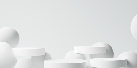 Fototapete - 3D Rendering. Minimalist White Product Display Pedestals with Abstract Spheres on a Clean Background