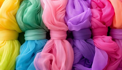 Poster - Vibrant Colorful Ribbon Textile Background with Dynamic Hues and Soft Sheer Fabric Swirls for Design