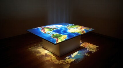 Poster - A world map table with projected world map on the floor.