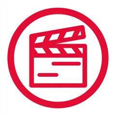 Aufkleber - Bold red-outlined clapperboard icon centered within a circular border, featuring white stripes on the top open section and two horizontal red lines on the bottom rectangle,