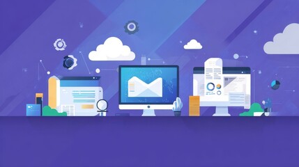 Poster - Flat illustration of a modern workspace with computers and digital documents.