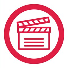 Aufkleber - Red-outlined clapperboard icon centered in a red circle with white background, featuring open top with alternating red and white stripes, rectangular base with three horizontal lines, 