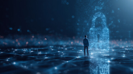 Poster - Data protection privacy concept. GDPR. Cyber security network. Man protecting data and personal information on computer with digital padlock, internet technology networking