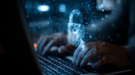 Poster - Data protection privacy concept. GDPR. Cyber security network. Man protecting data and personal information on computer with digital padlock, internet technology networking