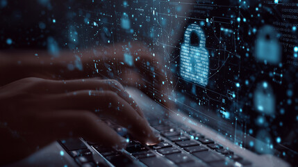 Poster - Data protection privacy concept. GDPR. Cyber security network. Man protecting data and personal information on computer with digital padlock, internet technology networking