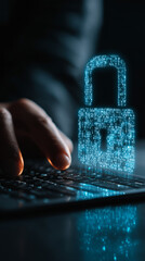 Poster - Data protection privacy concept. GDPR. Cyber security network. Man protecting data and personal information on computer with digital padlock, internet technology networking