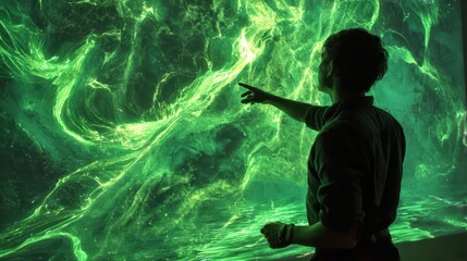 Poster - A person interacts with a vibrant green abstract display.