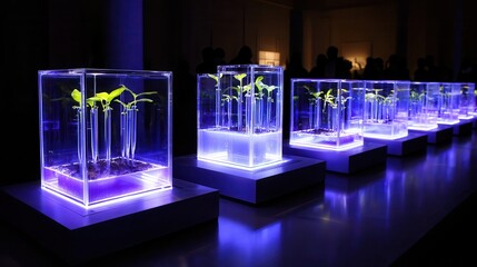 Poster - Small plants cultivated in glass cases with bright blue lighting.