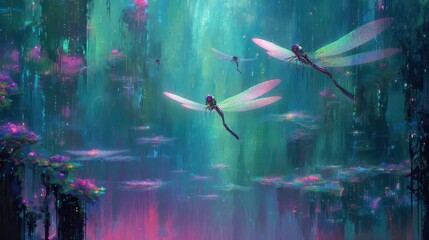 Poster - A vibrant, fantastical aquatic landscape filled with dragonfly creatures.