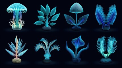 Aufkleber - Collection of glowing, stylized aquatic and botanical forms.