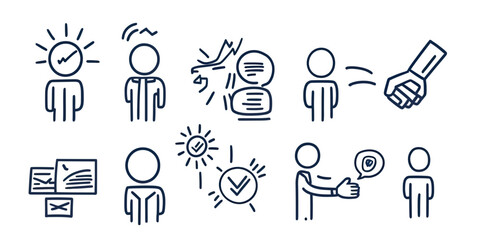 Poster - Hand drawn doodle business team icons with concept of success, communication, messaging, approval, and encouragement in minimalist sketch style vector illustration