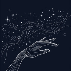 Poster - Abstract wireframe hand drawing cosmic starry sky with swirling galaxy shapes and dotted constellation trails on dark background vector illustration