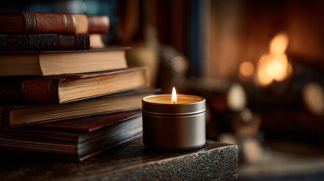 Stacked books and candle in tin cup near fire, warm light