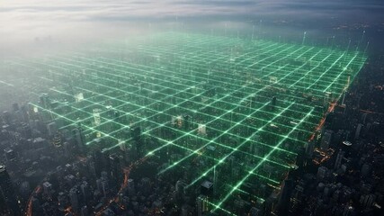 Poster - Aerial View of Cityscape with Green Grid Overlay and Data Transmission Beams