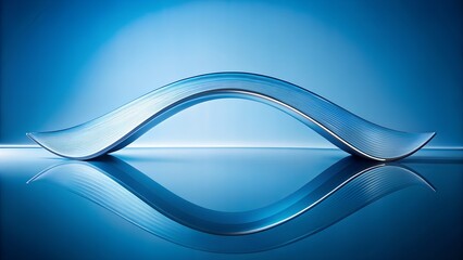 Poster - 3D Render of Curved Chrome Sculpture on Reflective Surface with Blue Background – Futuristic Design and Abstract Art Concept