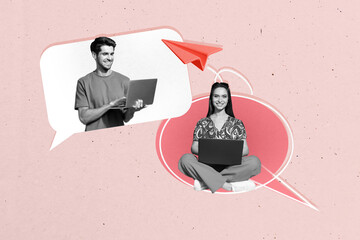 Aufkleber - Sketch image trend artwork photo collage of young man lady chatting app type laptop email texting cloud textbox conversation speech bubble