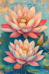 Poster - Dreamy Water Lilies in Soft Pastel Hues, Captivating Floral Arrangement in a Serene Aquatic Garden