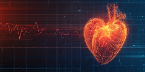 Poster - Futuristic Medical Background Featuring a Glowing Red Heart with Digital Heartbeat Grid Analysis