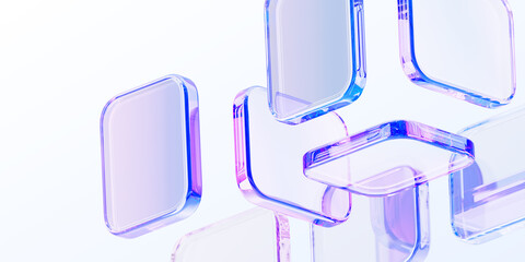 Poster - Pastel light 3d background with glass holographic transparent square plate shapes render. Abstract geometric block pattern with rainbow color gradient. Futuristic digital tech banner. 3D illustration