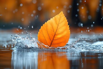 Wall Mural - Autumn Leaf Floating on Water with Splashing Droplets