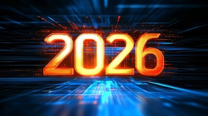 Poster - Futuristic Glowing Symbol of 2026 Represents New Year Celebration in Digital Artistic Style Graphic