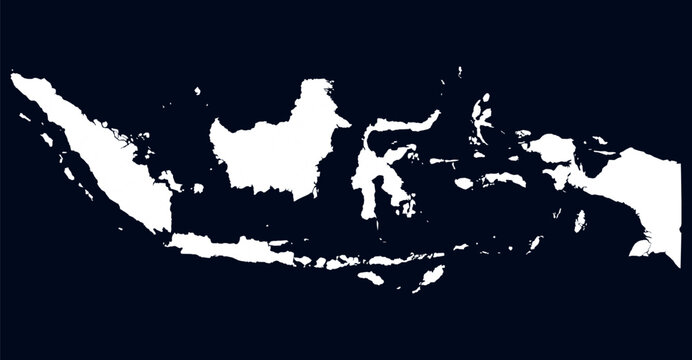 An abstract digital rendering depicts a white map of Indonesia against a dark navy background, showcasing the unique archipelago shape with crisp island outlines and clear contrast