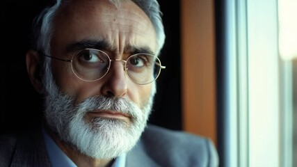 Poster - A man with glasses looking out the window. He is wearing a suit and tie. The man is in a contemplative mood
