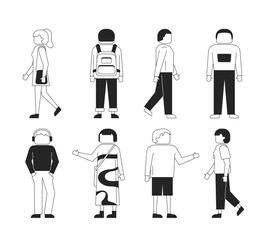 Poster - Diverse modern faceless people in various poses and outfits 2D line characters set. Everyday life. Casual fashion men women isolated vector ink outline people. Monochrome spot illustrations collection