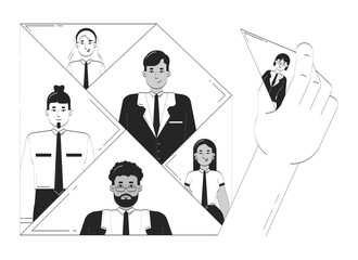 Fototapete - Team building business doodle line illustration concept. HR hand selecting right candidate for staff. Collaboration teambuilding 2D outline composition isolated. Hand drawn ink metaphor monochrome