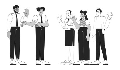 Fototapete - Diverse team greeting new employee doodle lineart illustration. Manager introducing. Office colleagues welcoming newbie 2D line ink characters isolated on white. Monochrome vector outline hand-drawn