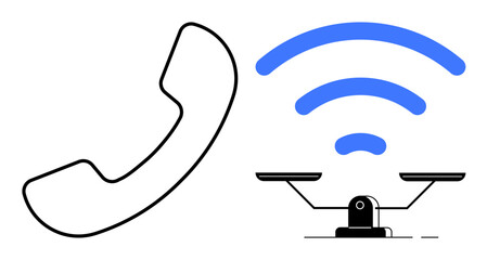 Poster - Black phone receiver and blue wireless signal positioned on opposite sides of a balance scale. Ideal for connectivity, communication, digital balance, technology, comparison, choices, and equality