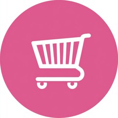 Aufkleber - Minimalistic white shopping cart icon centered on solid pink circular background with handle, vertical bars, curved base, and two wheels.