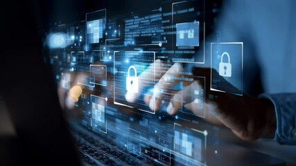 Fototapete - A person is typing on a laptop with a blue screen that has a lock symbol on it. Concept of security and protection, as the person is working on something important or confidential