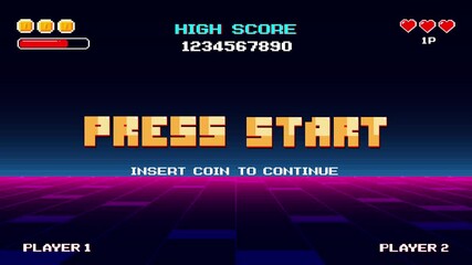 Aufkleber - PRESS START. pixel art. 8 bit game. retro game. for game assets. Retro Futurism Sci-Fi Background. glowing neon grid. and stars from vintage arcade computer games