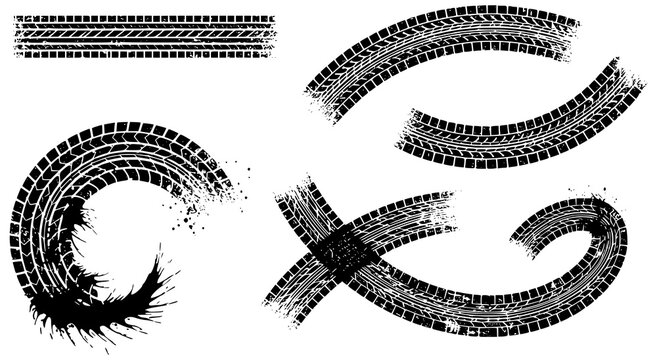 Tire tracks after skidding, launch, drift, powerslide in motorsport, rally, off-road, motocross. Wheel texture with splash effect. Vector, transparent PNG version.