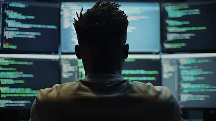 Man With Dreadlocks In Front of Multiple Computer Screens Displaying Code In a Dark Room
