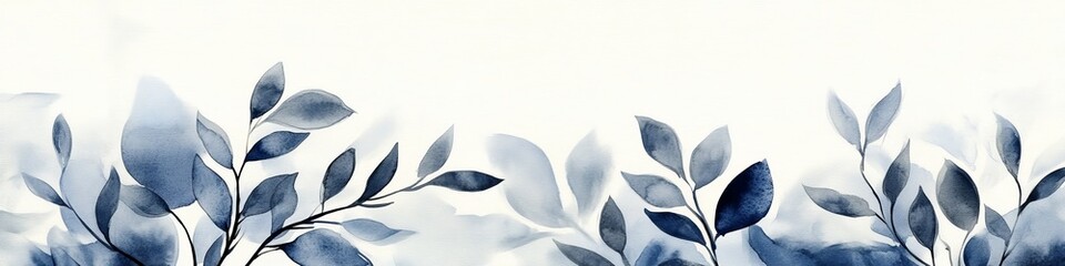 Poster - Soft Pastel Watercolor Painting of Delicate Leaves and Gentle Branches in a Serene Blue Background
