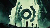 Post-Apocalyptic Cityscape with Floating Structure and Silhouetted Figures