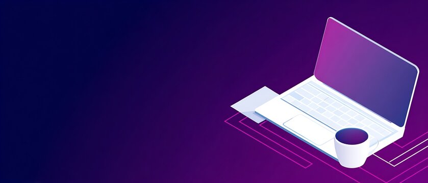 Isometric laptop computer and coffee cup on a desk.