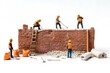© javeria - A tiny construction crew building a miniature brick wall on pure white background, with small tools and tiny cement bags scattered around the worksite