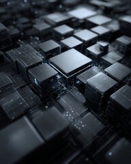 Aufkleber - Abstract Digital Landscape with Interconnected Black Cubes and Light Reflections in a Futuristic Environment