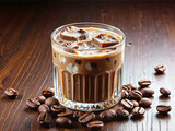 Baileys Irish cream coffee cocktail with ice cubes, served in a rounded glass, surrounded by scattered coffee beans on a dark wood surface, warm cozy light, aromatic and indulgent visual tone.
