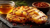Grilled pineapple slices beside chili flakes and honey, airy layout
