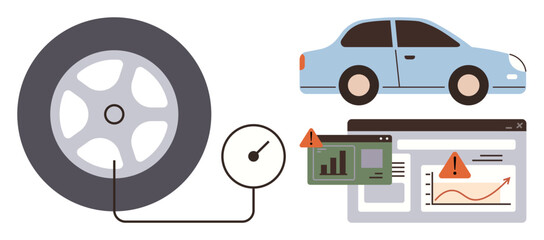 Poster - Tire connected to pressure gauge, car illustration, and data dashboard with alert icons. Ideal for safety, maintenance, technology, analytics, automotive care smart systems visual aids. Simple flat