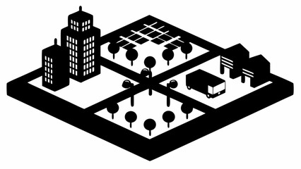 Leinwandbilder - Isometric view of a city block with buildings trees a van and street lights in black and white style
