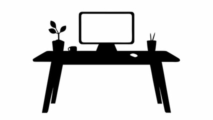 Fototapete - Silhouette of a desk with a computer monitor, plant, coffee cup, mouse, and pen holder in a minimalist style