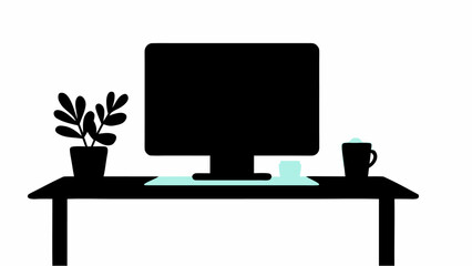 Fototapete - A black computer monitor on a desk with a plant and a mug in a minimalist style illustration