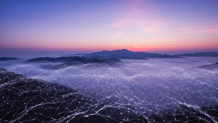 Poster - Digital Network Over Misty Mountains at Sunset: Data Visualization and Connectivity