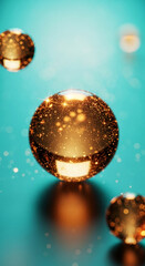 Poster - Golden spheres with glitter on teal background, showcasing luxury, elegance, and sophisticated design, ideal for cosmetic or jewelry advertising