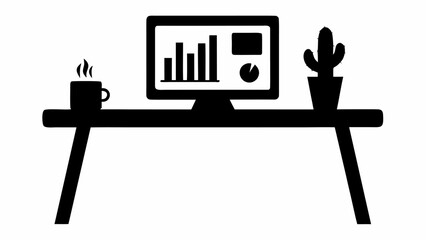 Fototapete - Desk setup with computer displaying charts coffee mug and cactus in black and white silhouette style